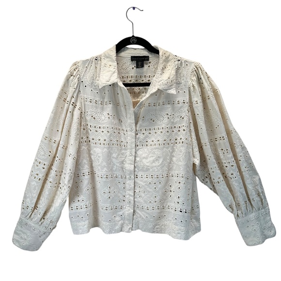 House of Harlow 1960 Button Up blouse Womens Sz. L eyelet Puff Sleeve Romantic - Picture 15 of 15